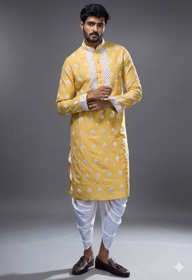 Mustard silk blend straight embroidery, mirror mustard silk blend embroidery, mirrors floral and work kurta pant set 1