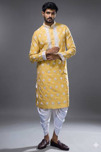 Mustard silk straight embroidery, mirror mustard silk embroidery, mirrors floral and work kurta pant set