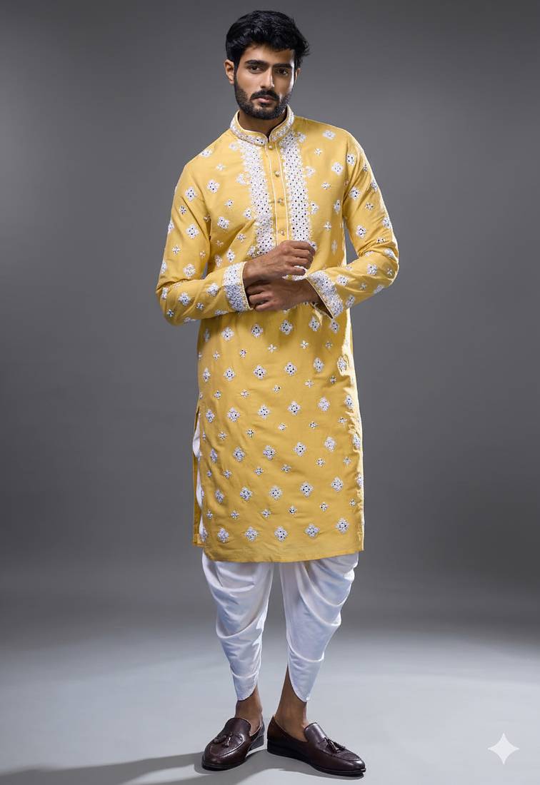 Mustard silk straight embroidery, mirror mustard silk embroidery, mirrors floral and work kurta pant set