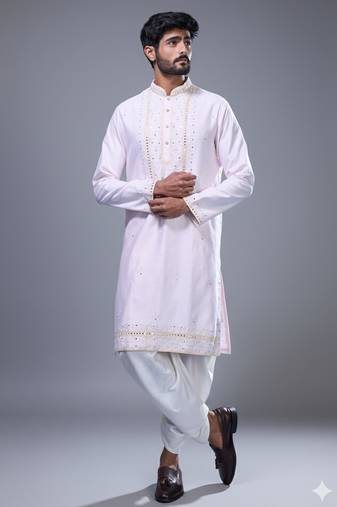 Powder pink silk straight embroidery, mirror pink silk embroidery, mirrors floral and work full sleeve kurta set