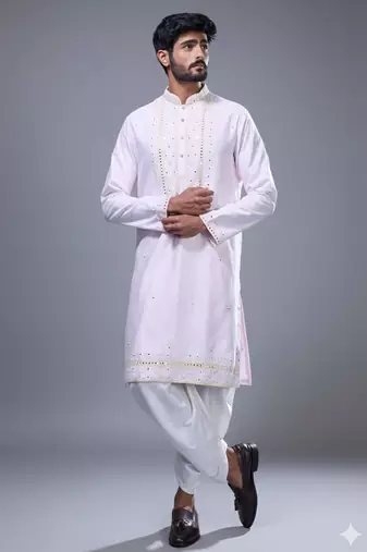 Powder pink silk straight embroidery, mirror pink silk embroidery, mirrors floral and work full sleeve kurta set