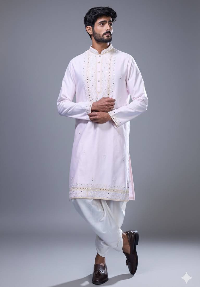 Powder pink silk straight embroidery, mirror pink silk embroidery, mirrors floral and work full sleeve kurta set