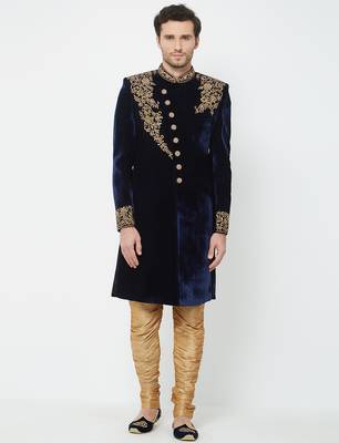 Navy blue velvet straight embroidery with handwork sherwani for men's 1
