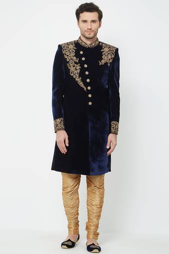 Navy blue velvet straight embroidery with handwork sherwani for men's