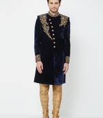 Navy blue velvet straight embroidery with handwork sherwani for men's