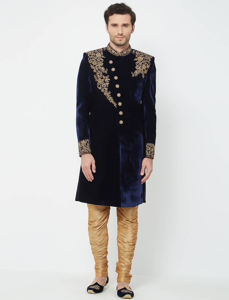 Navy blue velvet straight embroidery with handwork sherwani for men's