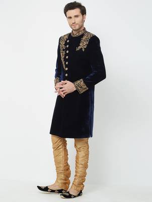 Navy blue velvet straight embroidery with handwork sherwani for men's 2