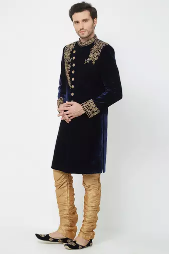 Navy blue velvet straight embroidery with handwork sherwani for men's