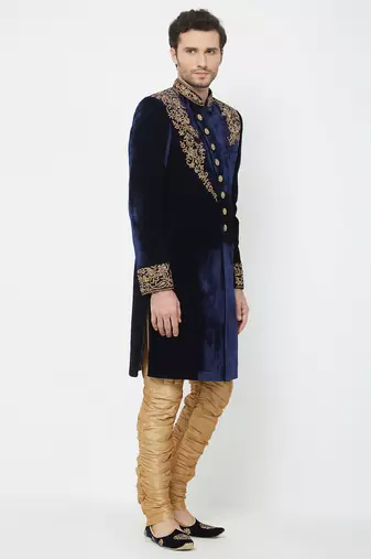 Navy blue velvet straight embroidery with handwork sherwani for men's