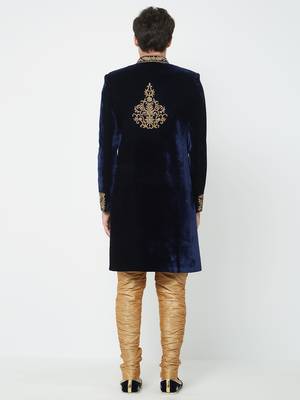 Navy blue velvet straight embroidery with handwork sherwani for men's 4