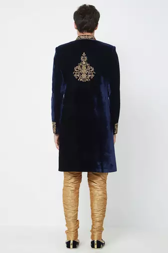 Navy blue velvet straight embroidery with handwork sherwani for men's