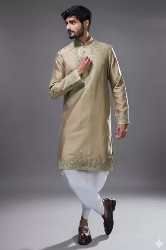 Brown silk straight embroidery, mirror brown silk embroidery floral and mirror work kurta pant set