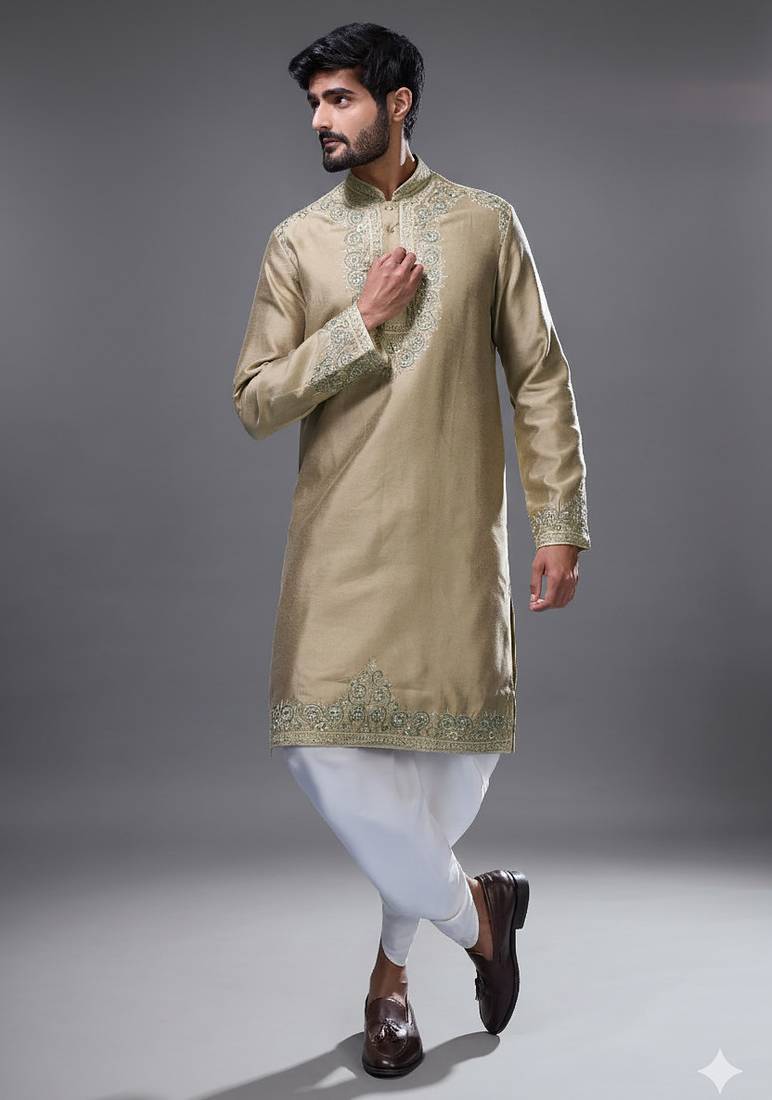 Brown silk straight embroidery, mirror brown silk embroidery floral and mirror work kurta pant set
