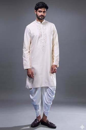Cream silk straight embroidery cream silk embroidery floral work kurta set