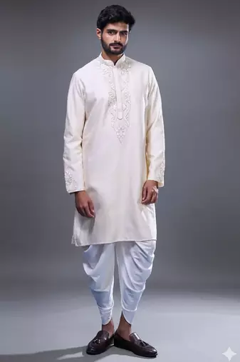 Cream silk straight embroidery cream silk embroidery floral work kurta set