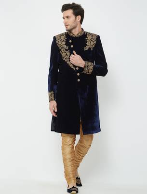 Navy blue velvet straight embroidery with handwork sherwani for men's 5