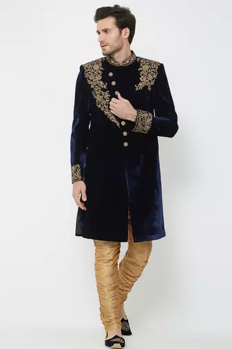 Navy blue velvet straight embroidery with handwork sherwani for men's