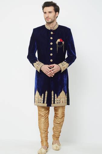 Navy blue velvet straight handwork sherwani for men's