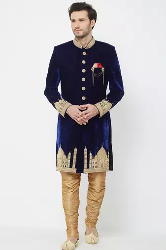 Navy blue velvet straight handwork sherwani for men's