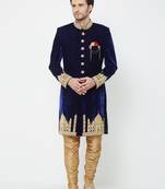 Navy blue velvet straight handwork sherwani for men's