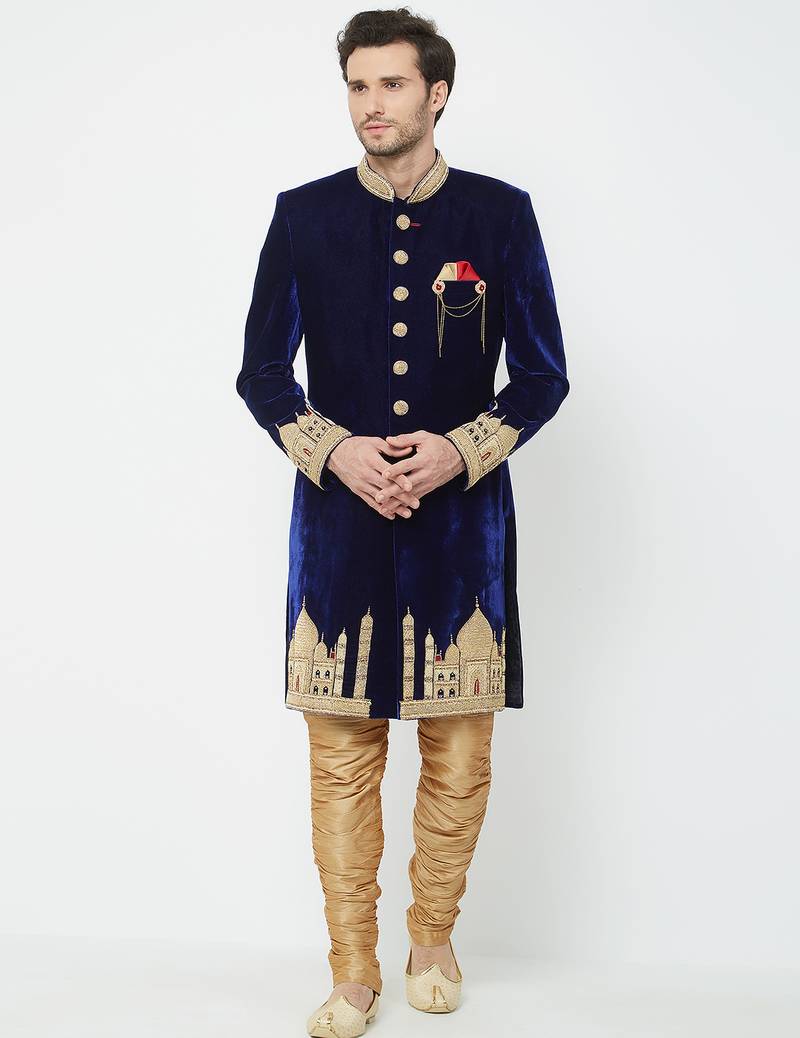 Navy blue velvet straight handwork sherwani for men's