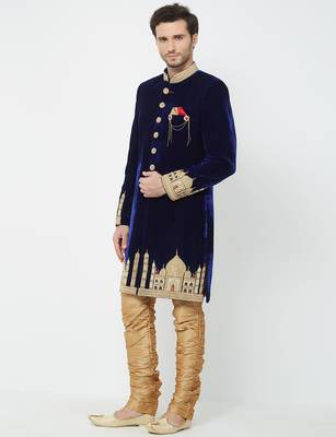 Navy blue velvet straight handwork sherwani for men's 2
