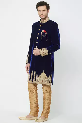 Navy blue velvet straight handwork sherwani for men's