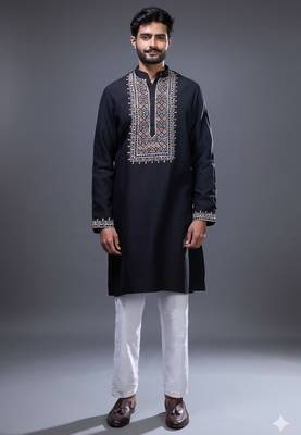 Black silk blend straight embroidery black silk blend embroidery geometric kurta pant set 1