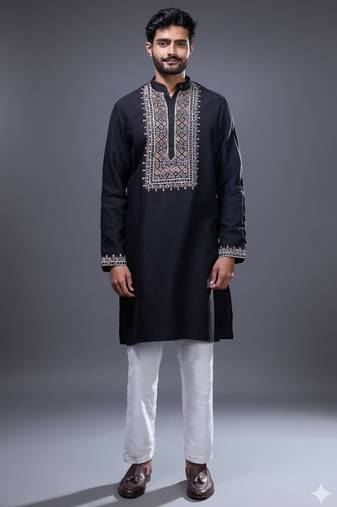Black silk straight embroidery black silk embroidery geometric kurta pant set