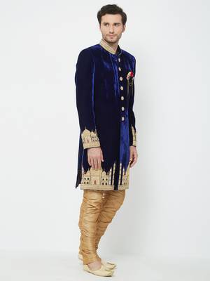 Navy blue velvet straight handwork sherwani for men's 3