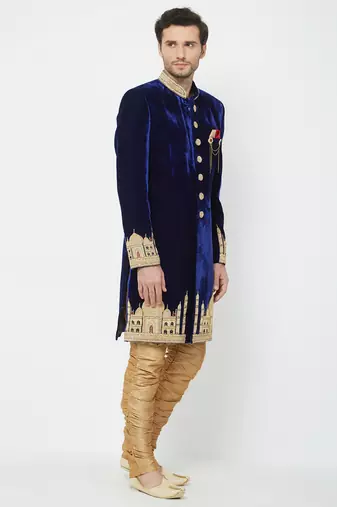 Navy blue velvet straight handwork sherwani for men's