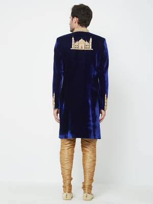 Navy blue velvet straight handwork sherwani for men's 4