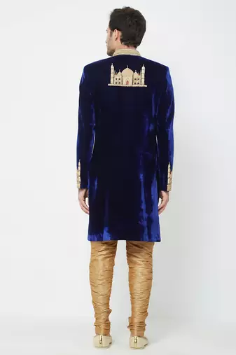 Navy blue velvet straight handwork sherwani for men's