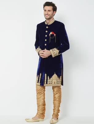 Navy blue velvet straight handwork sherwani for men's 5