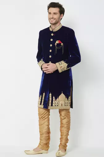 Navy blue velvet straight handwork sherwani for men's