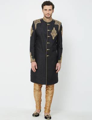 Black Art silk straight handwork sherwani for men's 1