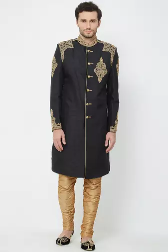 Black art silk straight handwork sherwani for men's