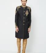 Black art silk straight handwork sherwani for men's