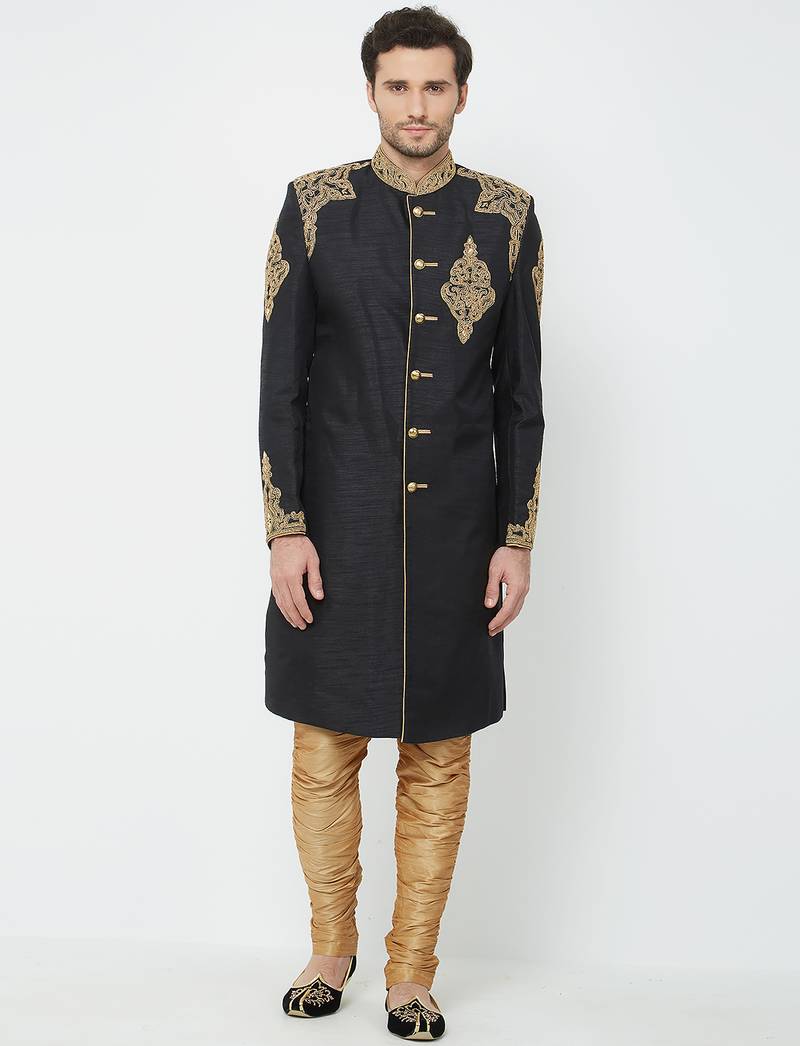 Black art silk straight handwork sherwani for men's