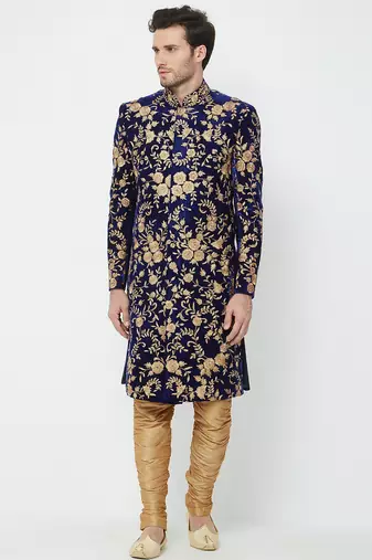 Navy blue art silk straight embroidery with handwork sherwani for men's