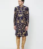 Navy blue art silk straight embroidery with handwork sherwani for men's