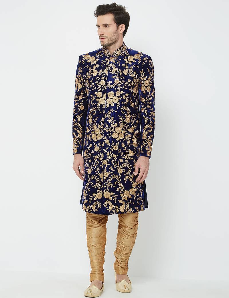 Navy blue art silk straight embroidery with handwork sherwani for men's