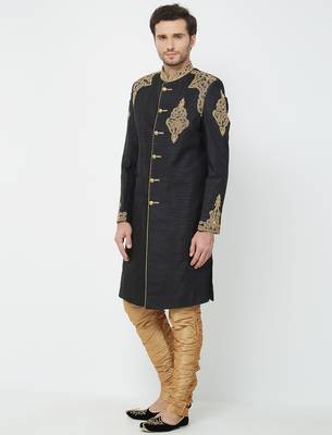 Black Art silk straight handwork sherwani for men's 2