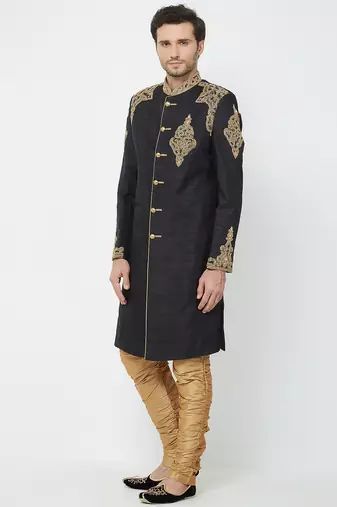 Black art silk straight handwork sherwani for men's