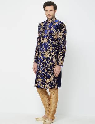 Navy blue Art silk straight embroidery with handwork sherwani for men's 2