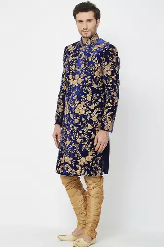 Navy blue art silk straight embroidery with handwork sherwani for men's