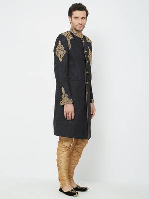 Black Art silk straight handwork sherwani for men's 3