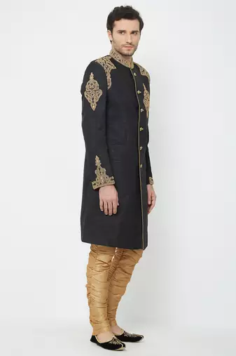Black art silk straight handwork sherwani for men's