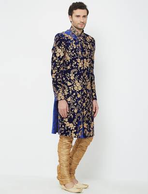 Navy blue Art silk straight embroidery with handwork sherwani for men's 3
