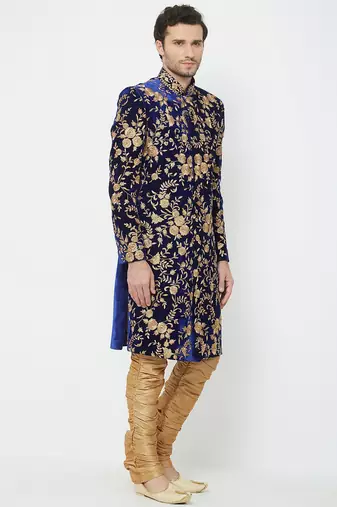 Navy blue art silk straight embroidery with handwork sherwani for men's
